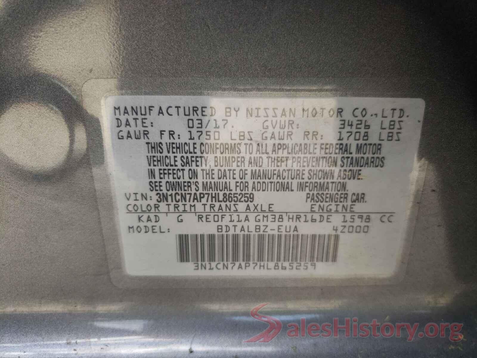 3N1CN7AP7HL865259 2017 NISSAN VERSA