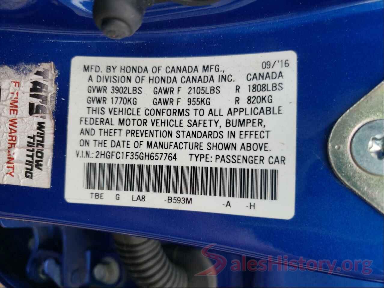 2HGFC1F35GH657764 2016 HONDA CIVIC