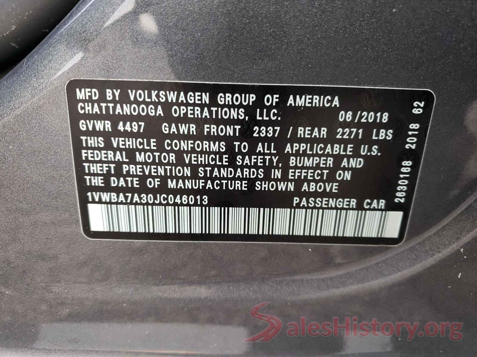 1VWBA7A30JC046013 2018 VOLKSWAGEN PASSAT