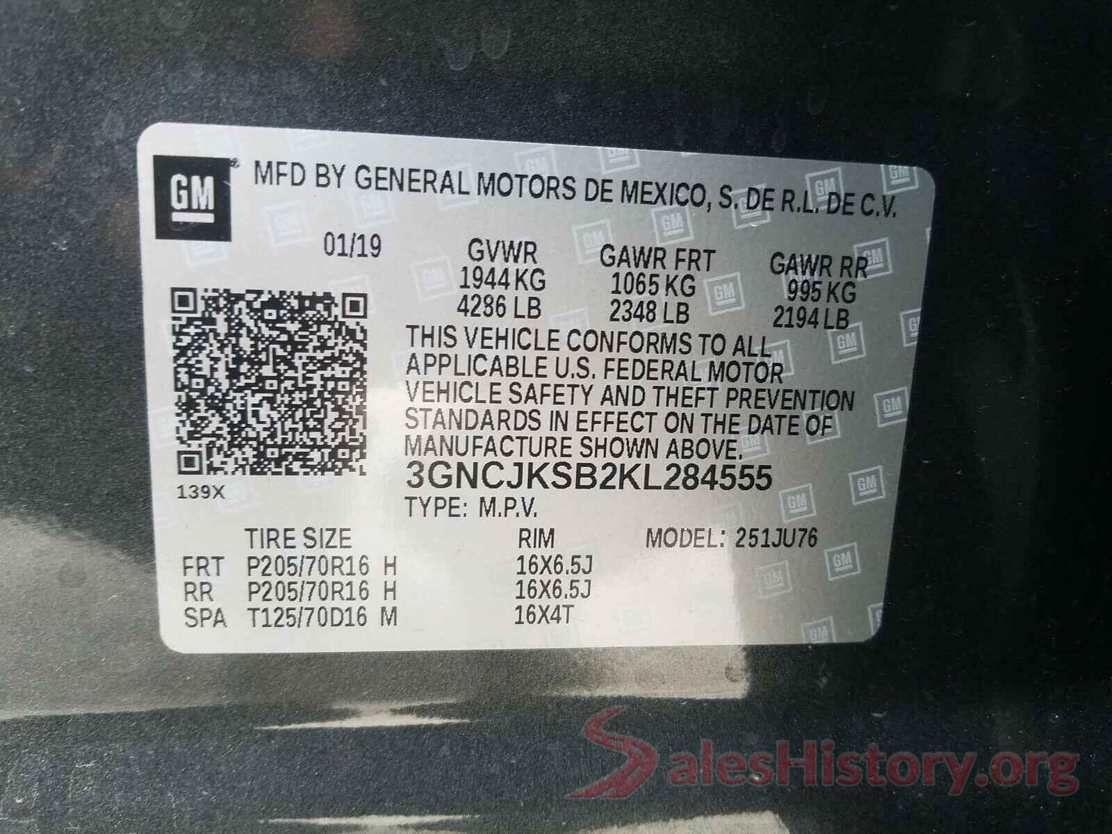 3GNCJKSB2KL284555 2019 CHEVROLET TRAX