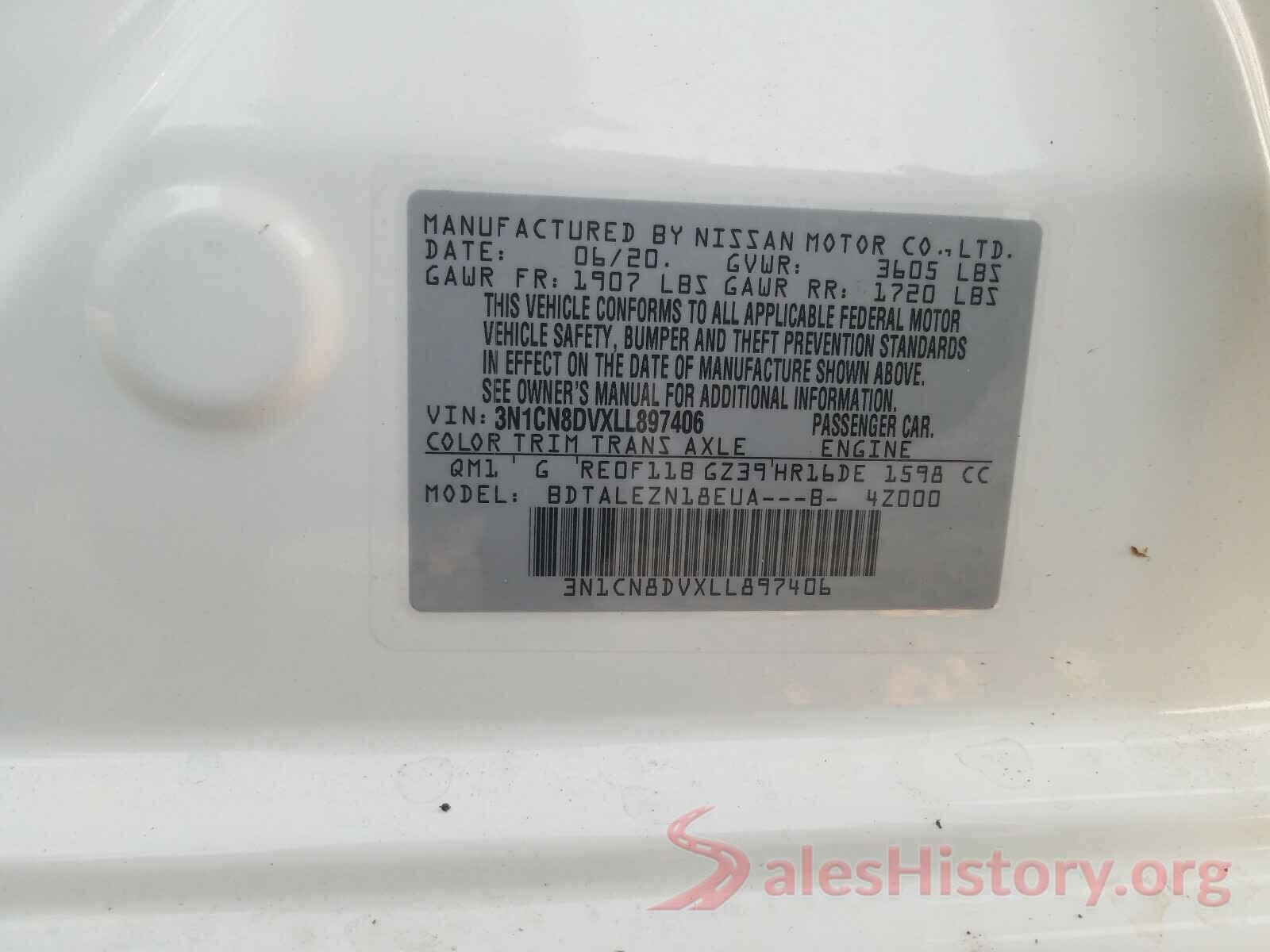 3N1CN8DVXLL897406 2020 NISSAN VERSA