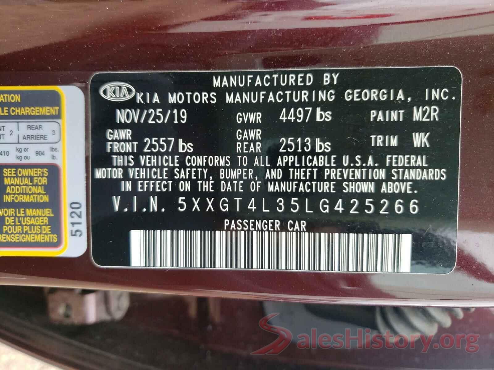 5XXGT4L35LG425266 2020 KIA OPTIMA