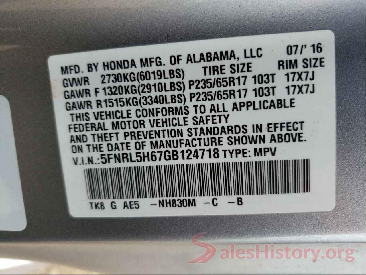 5FNRL5H67GB124718 2016 HONDA ODYSSEY