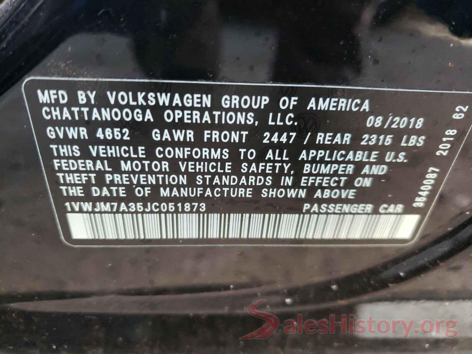 1VWJM7A35JC051873 2018 VOLKSWAGEN PASSAT