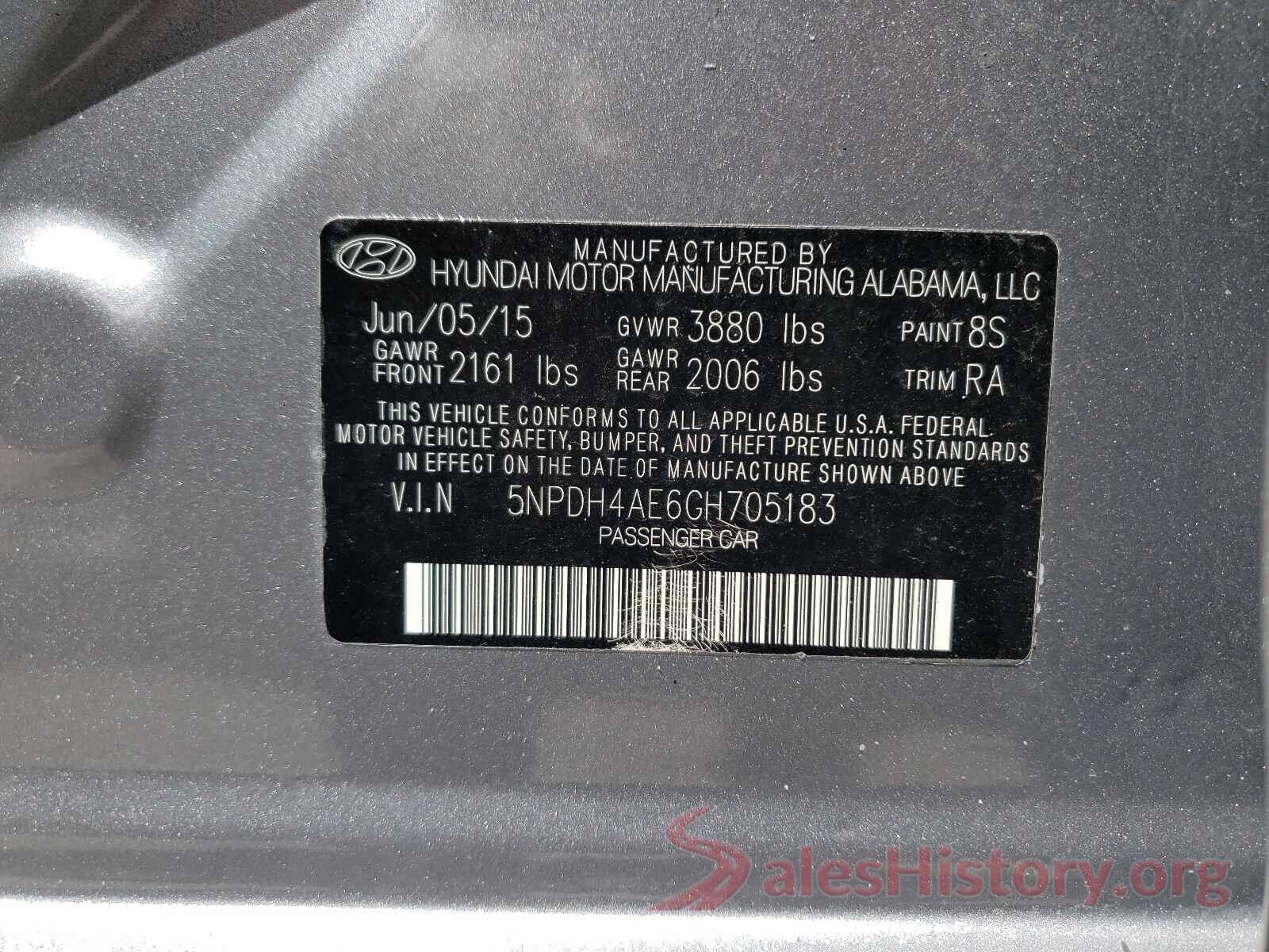 5NPDH4AE6GH705183 2016 HYUNDAI ELANTRA