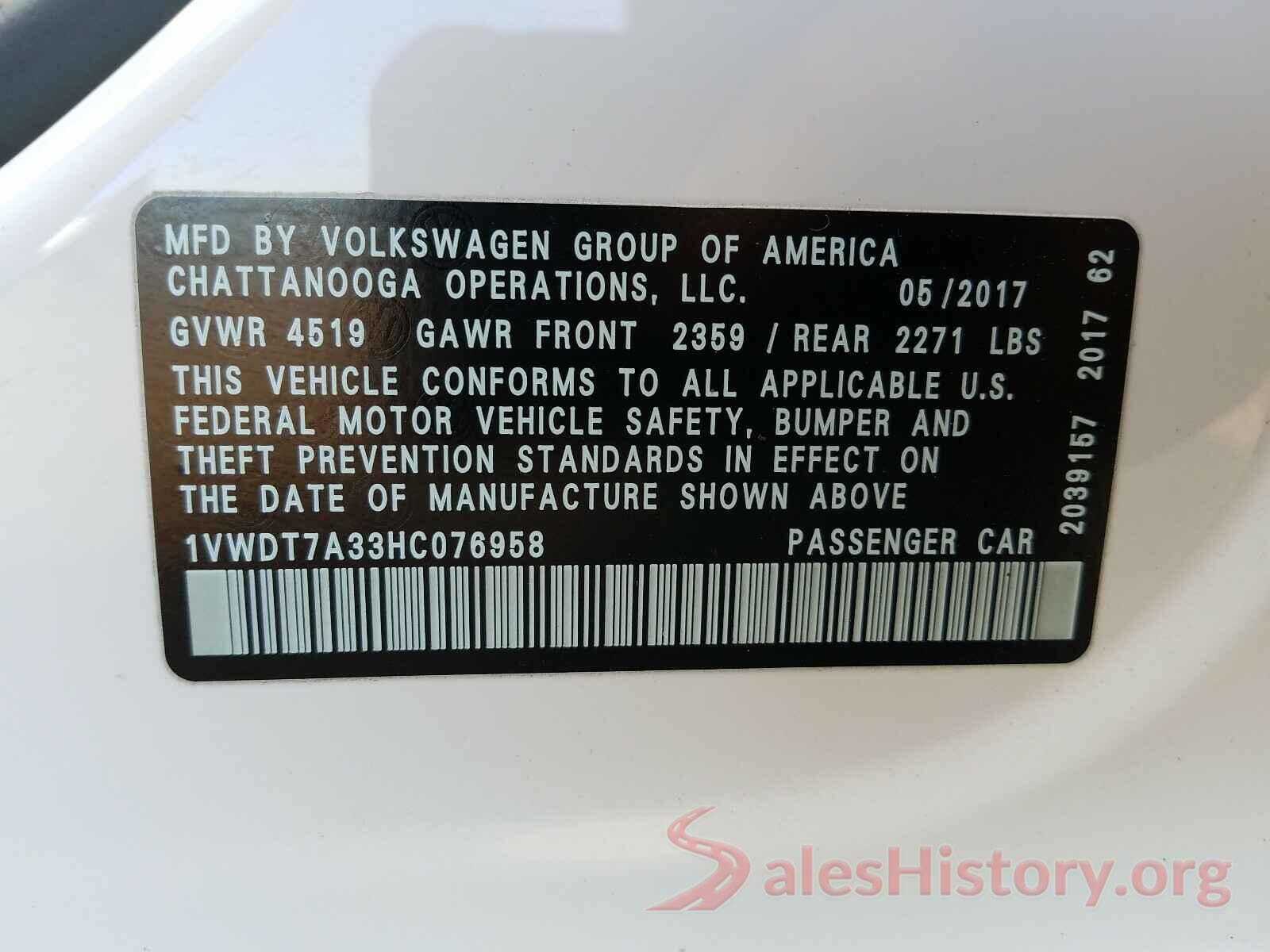 1VWDT7A33HC076958 2017 VOLKSWAGEN PASSAT