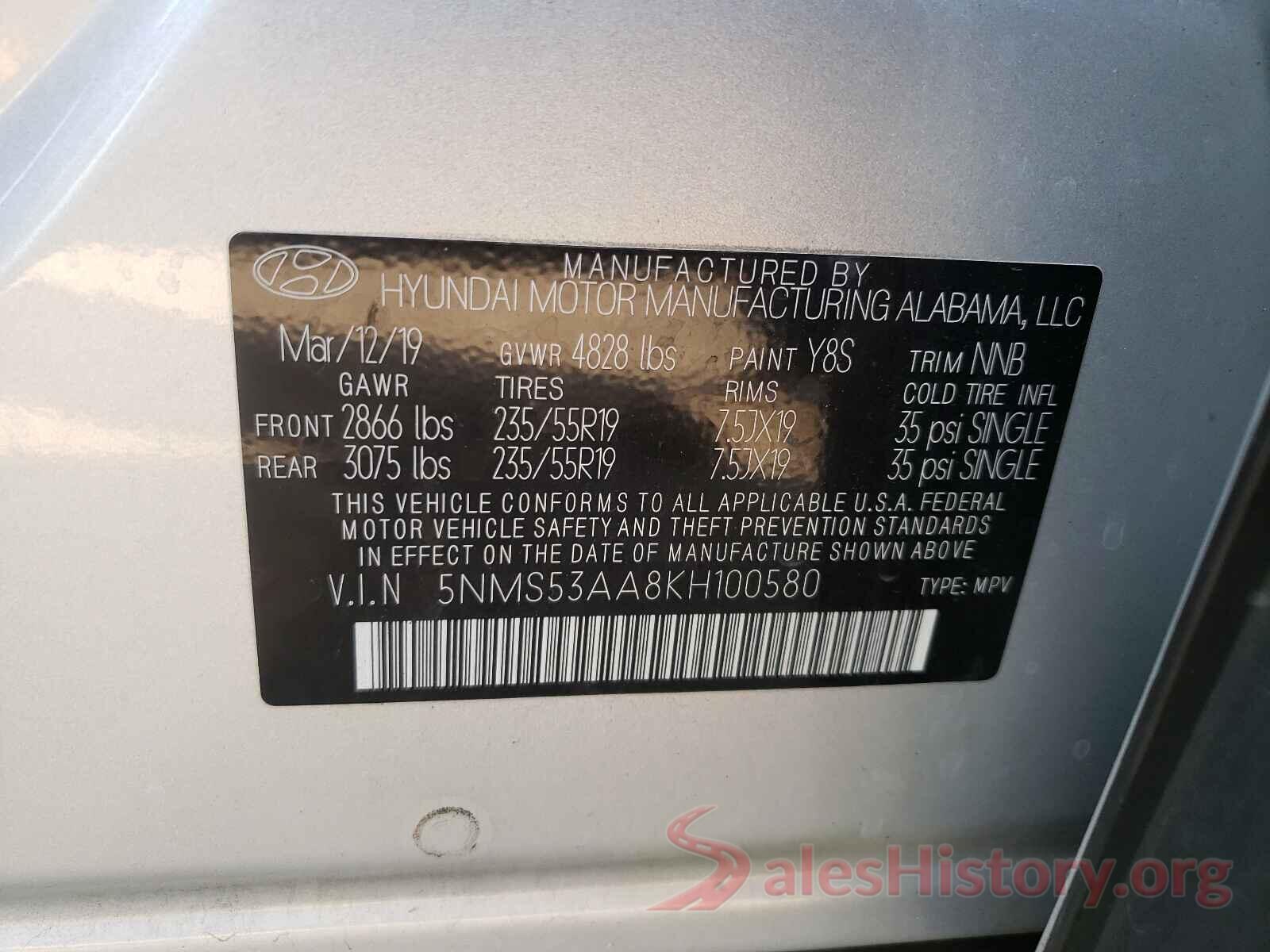 5NMS53AA8KH100580 2019 HYUNDAI SANTA FE