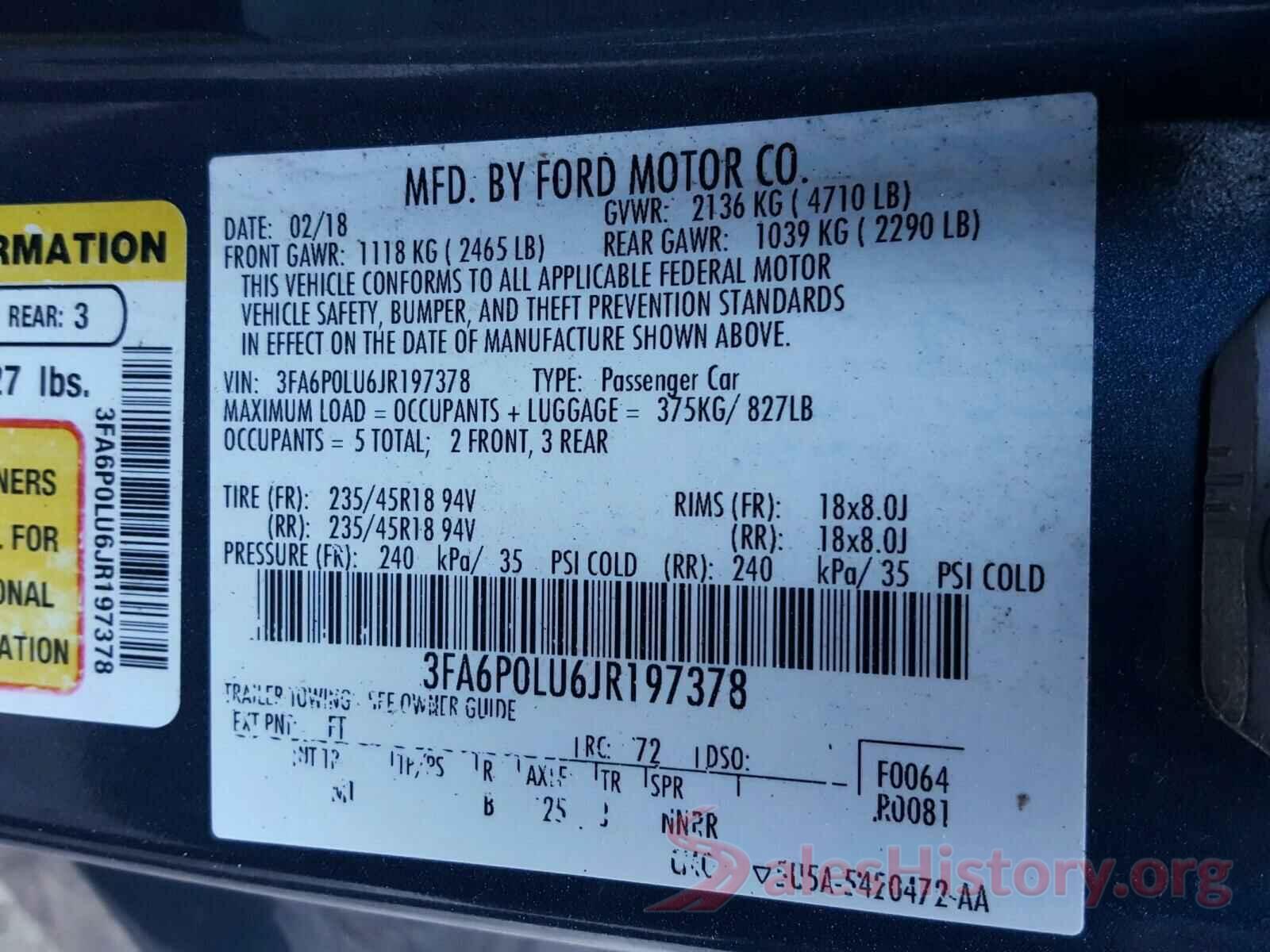 3FA6P0LU6JR197378 2018 FORD FUSION