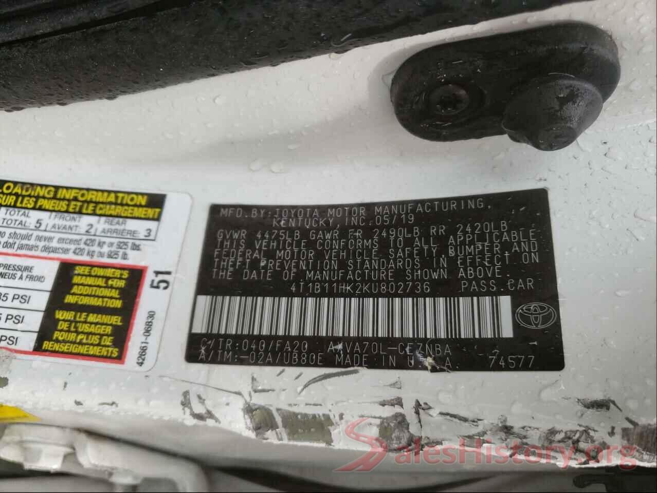 4T1B11HK2KU802736 2019 TOYOTA CAMRY