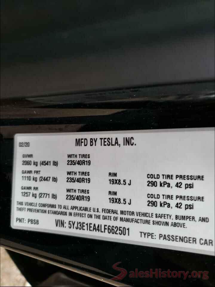 5YJ3E1EA4LF662501 2020 TESLA MODEL 3