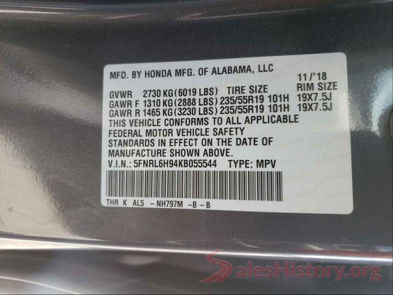 5FNRL6H94KB055544 2019 HONDA ODYSSEY