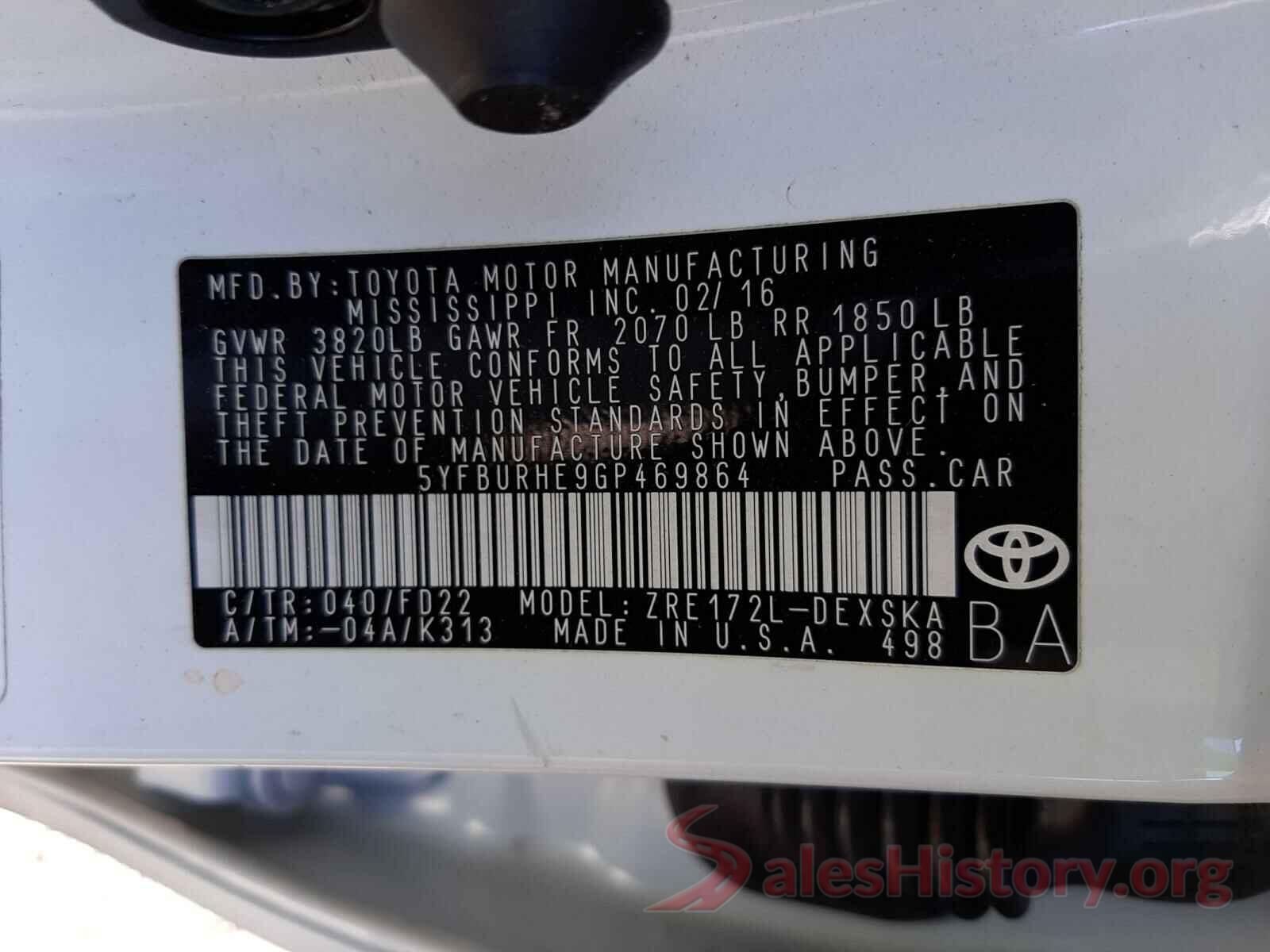 5YFBURHE9GP469864 2016 TOYOTA COROLLA