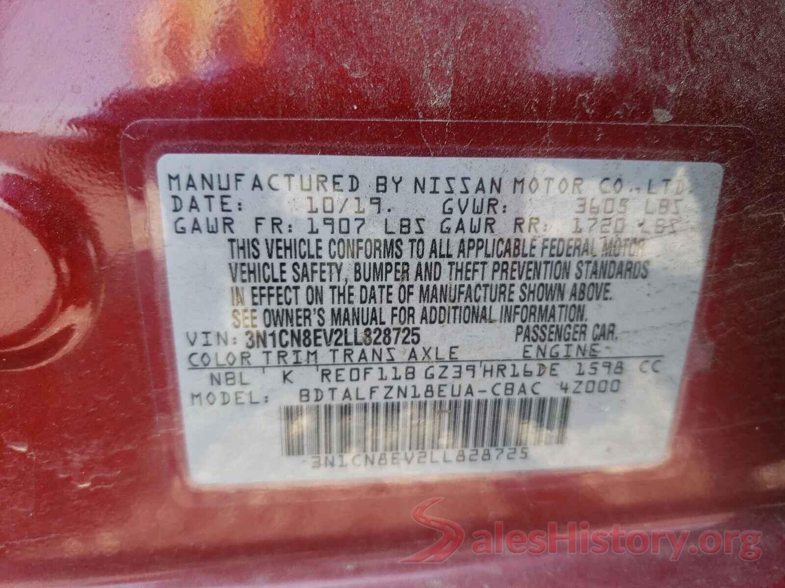 3N1CN8EV2LL828725 2020 NISSAN VERSA