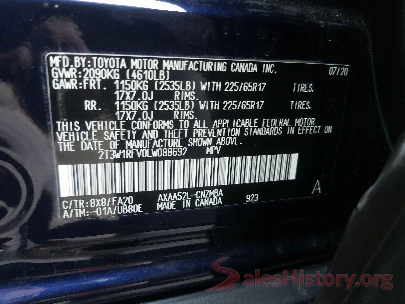 2T3W1RFV0LW088692 2020 TOYOTA RAV4