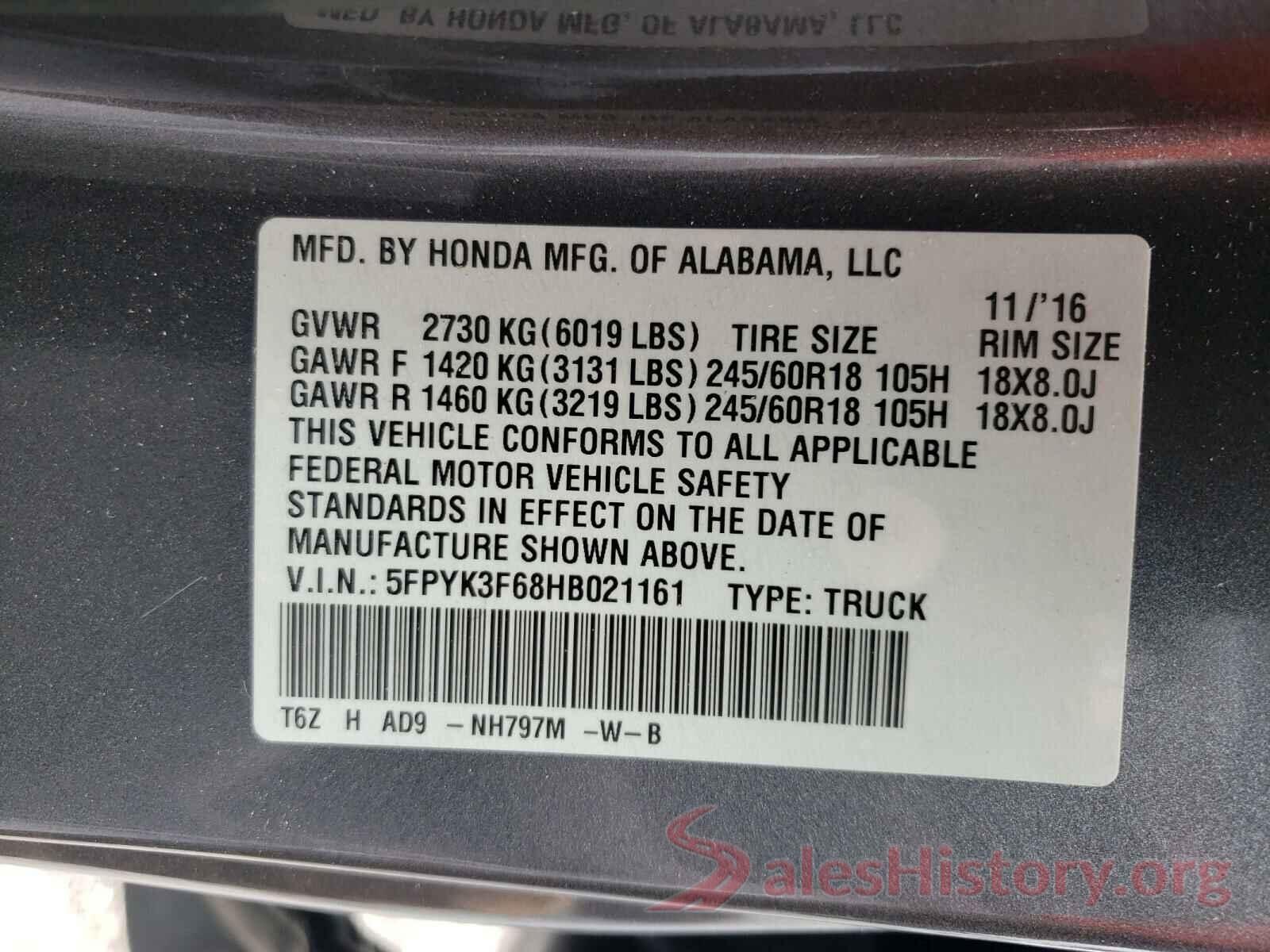 5FPYK3F68HB021161 2017 HONDA RIDGELINE