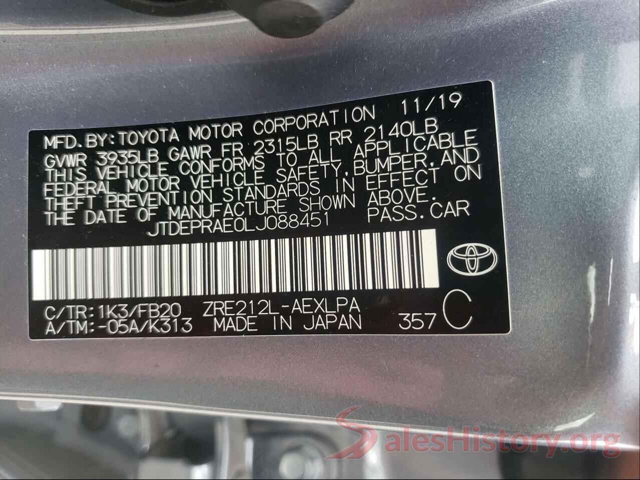 JTDEPRAE0LJ088451 2020 TOYOTA COROLLA