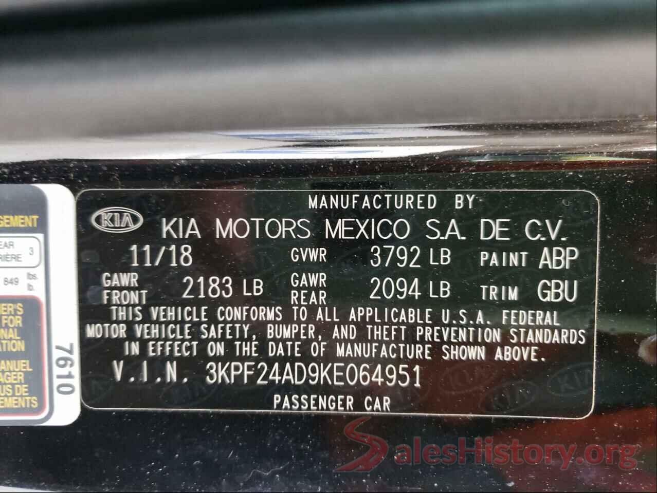 3KPF24AD9KE064951 2019 KIA FORTE