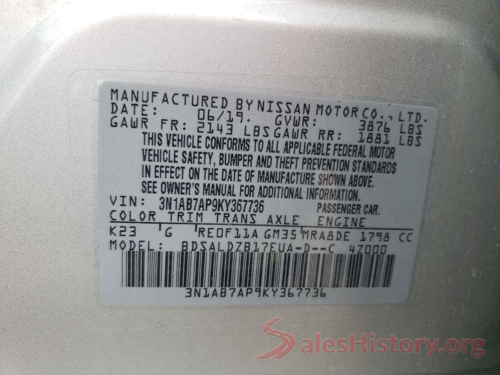 3N1AB7AP9KY367736 2019 NISSAN SENTRA