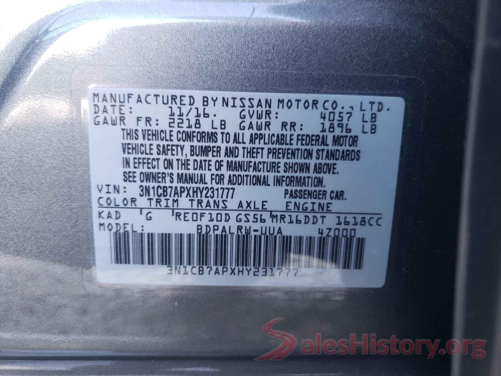 3N1CB7APXHY231777 2017 NISSAN SENTRA