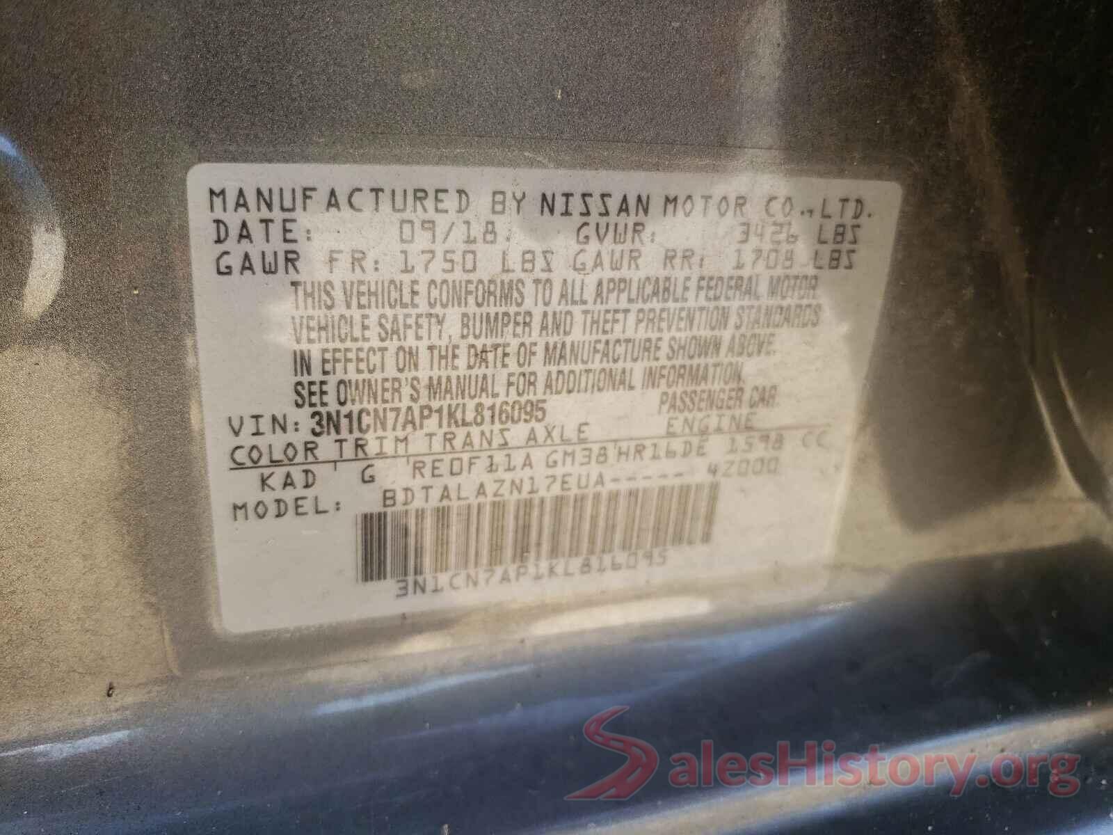 3N1CN7AP1KL816095 2019 NISSAN VERSA