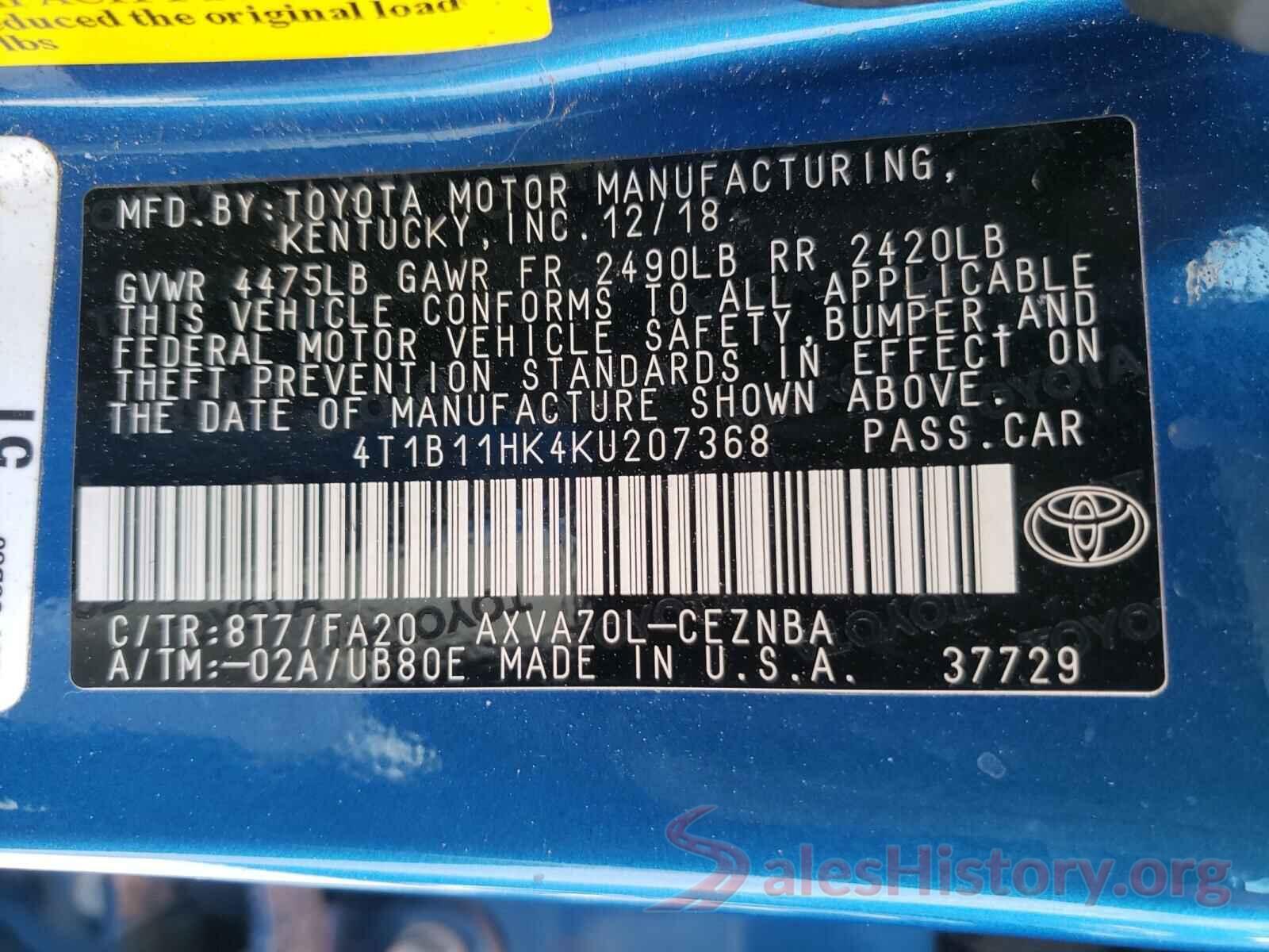 4T1B11HK4KU207368 2019 TOYOTA CAMRY