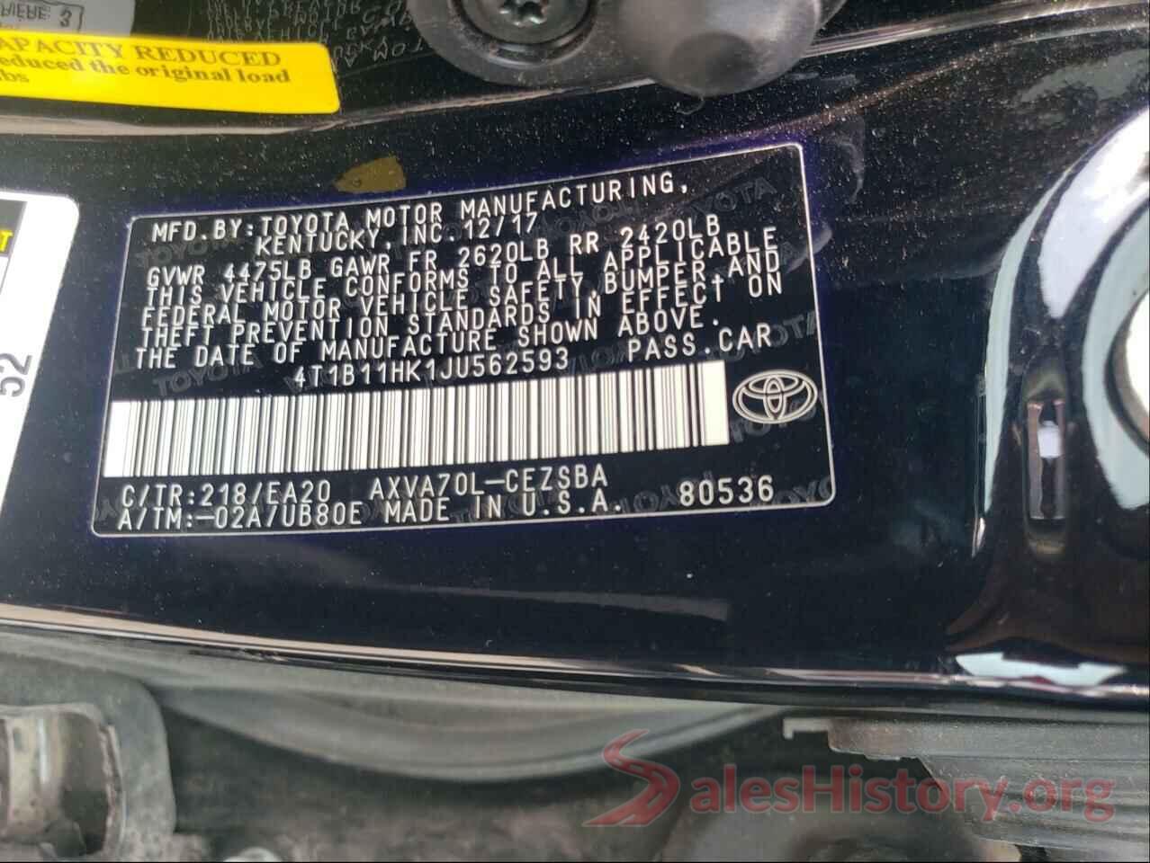 4T1B11HK1JU562593 2018 TOYOTA CAMRY