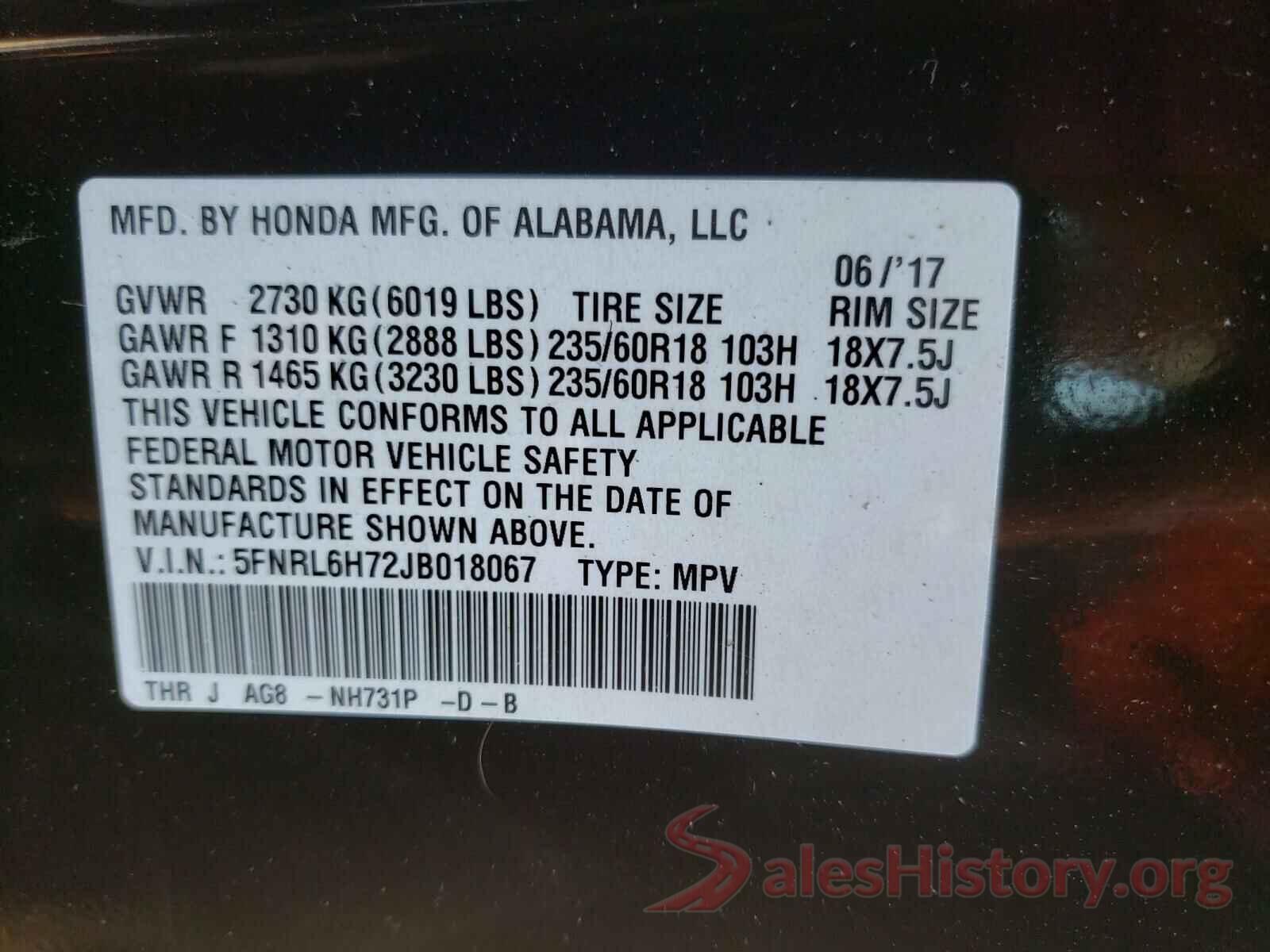 5FNRL6H72JB018067 2018 HONDA ODYSSEY