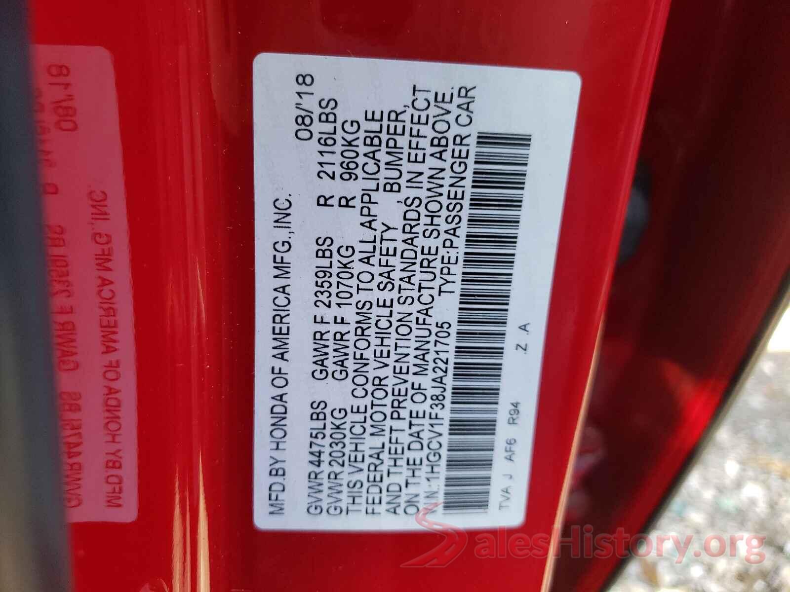 1HGCV1F38JA221705 2018 HONDA ACCORD