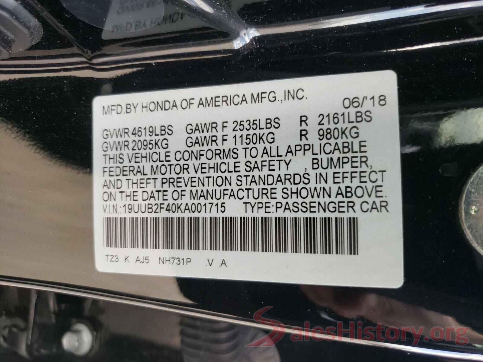 19UUB2F40KA001715 2019 ACURA TLX