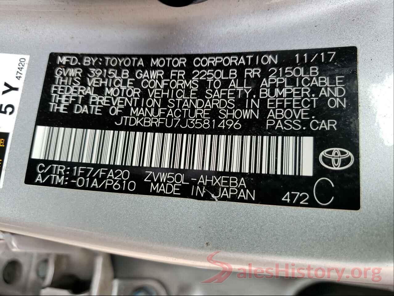 JTDKBRFU7J3581496 2018 TOYOTA PRIUS