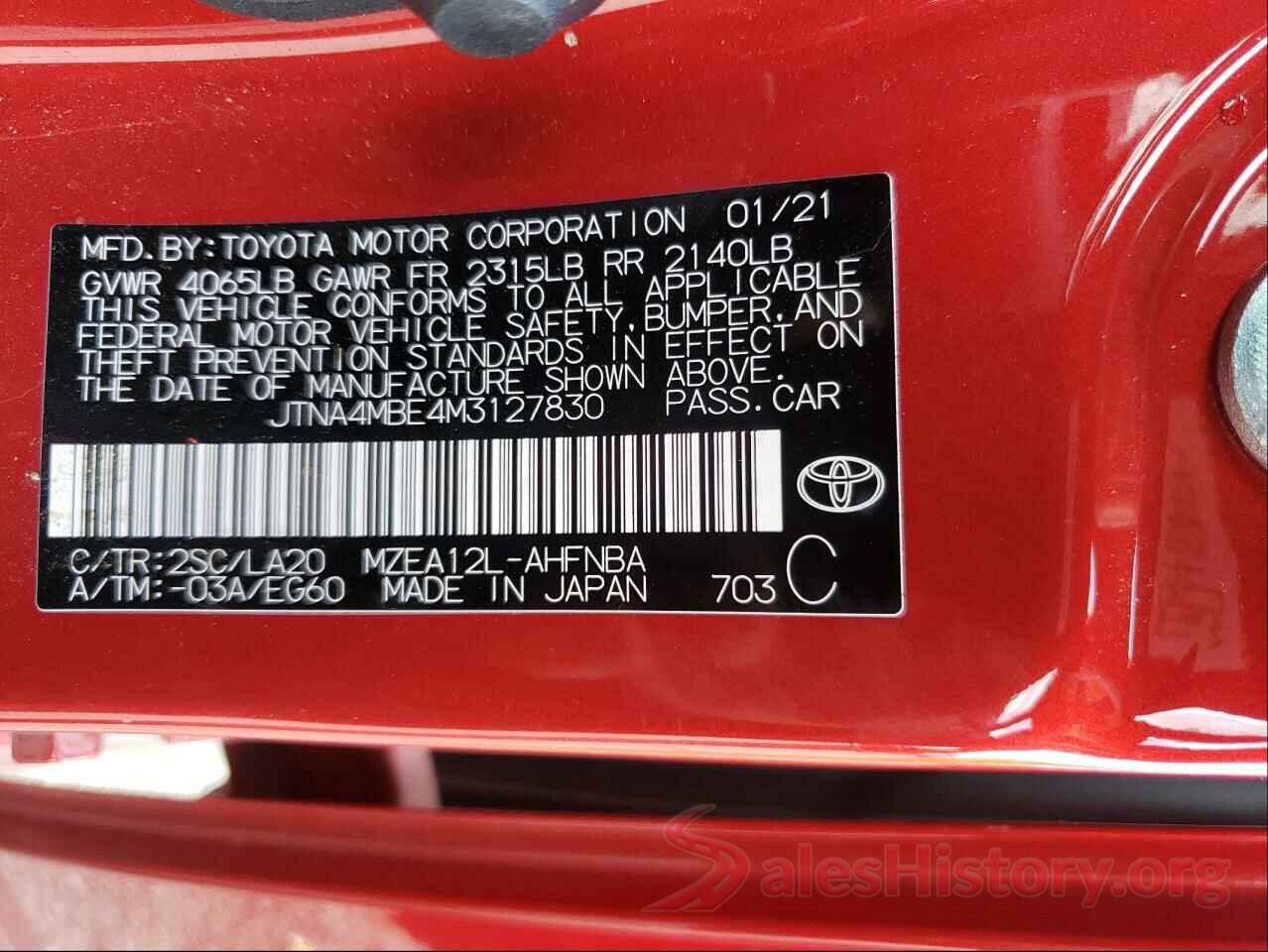 JTNA4MBE4M3127830 2021 TOYOTA COROLLA