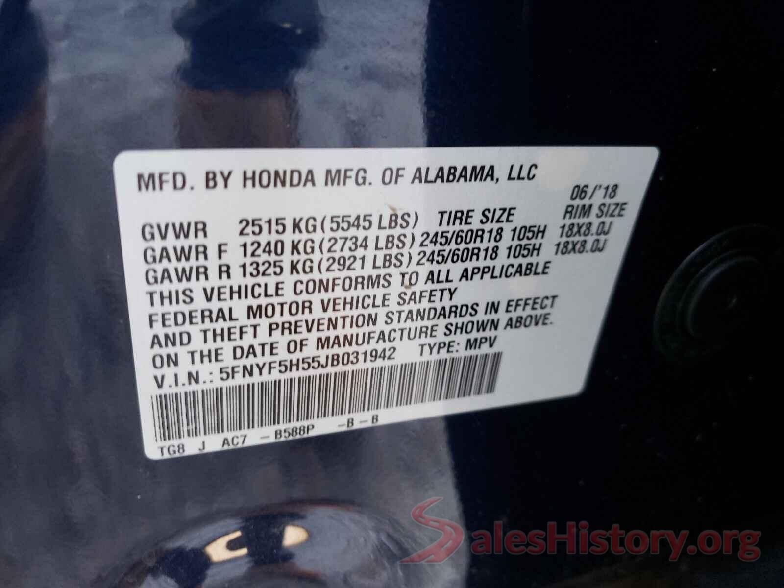 5FNYF5H55JB031942 2018 HONDA PILOT