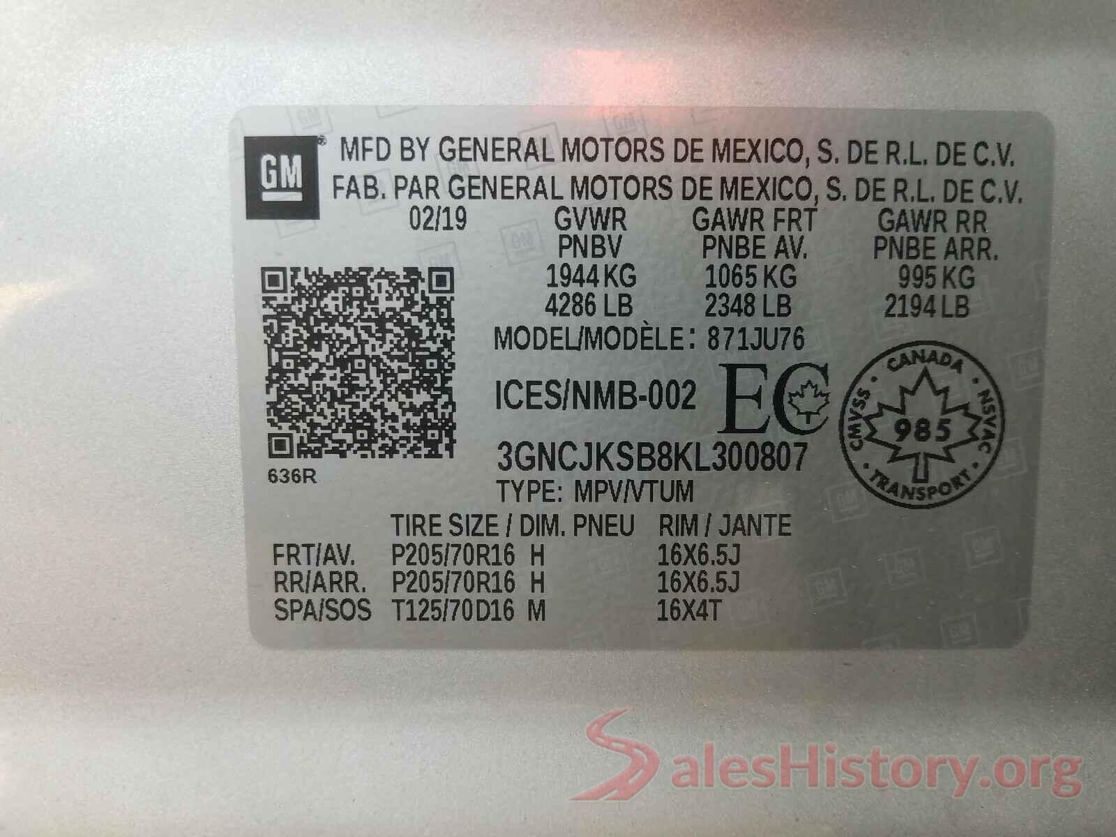 3GNCJKSB8KL300807 2019 CHEVROLET TRAX