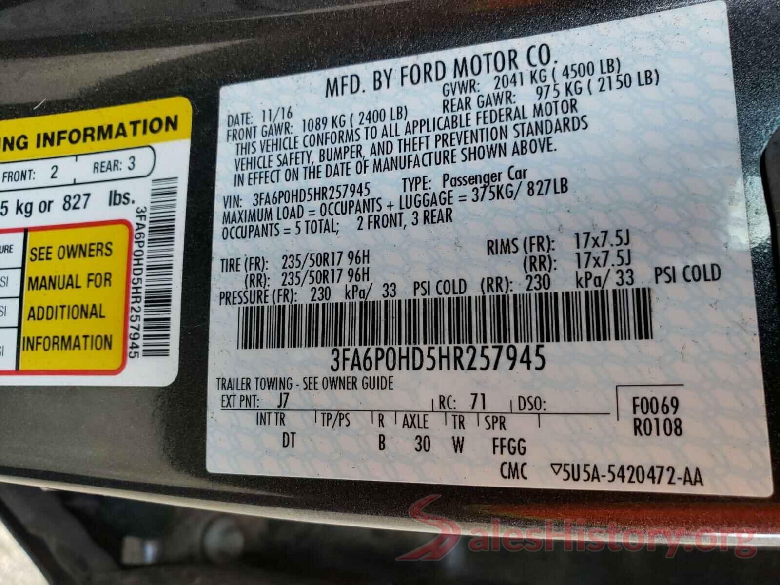 3FA6P0HD5HR257945 2017 FORD FUSION