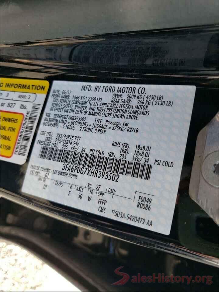 3FA6P0G7XHR393502 2017 FORD FUSION