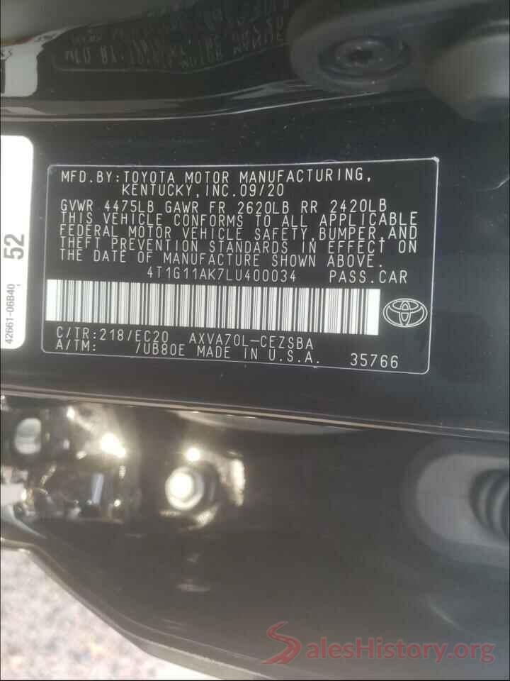 4T1G11AK7LU400034 2020 TOYOTA CAMRY