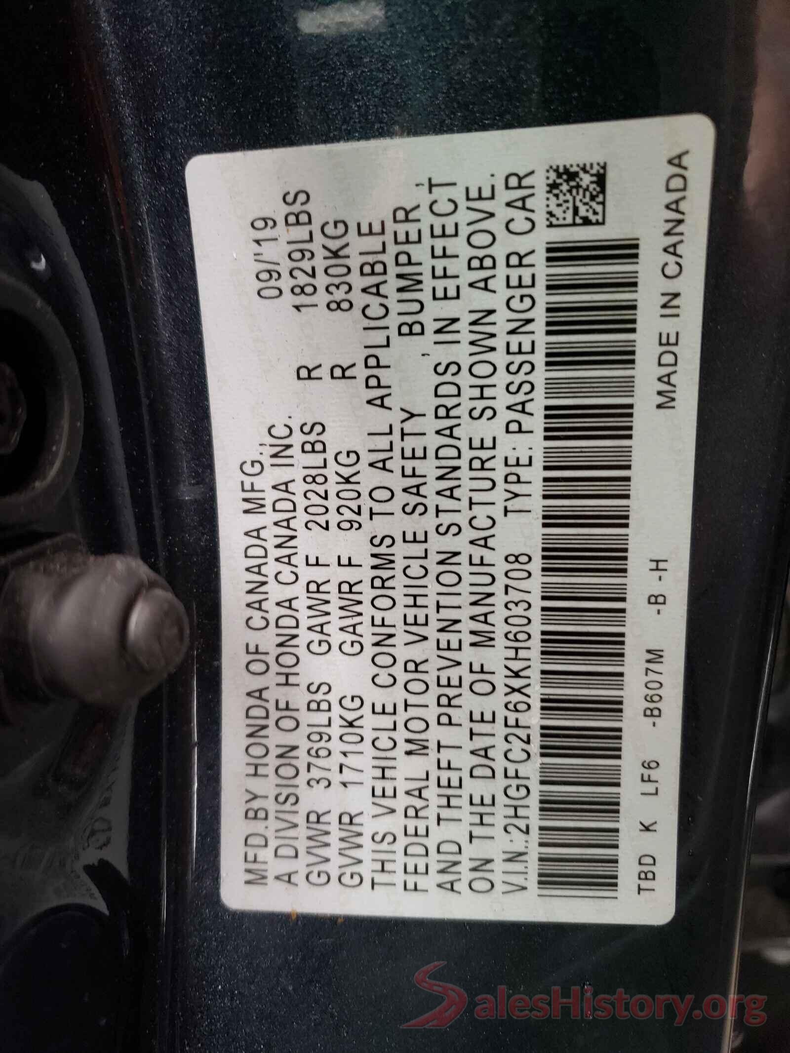 2HGFC2F6XKH603708 2019 HONDA CIVIC