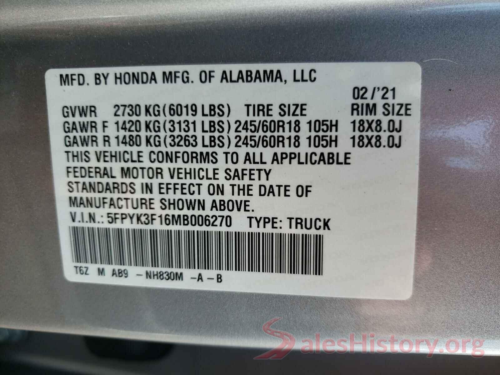 5FPYK3F16MB006270 2021 HONDA RIDGELINE