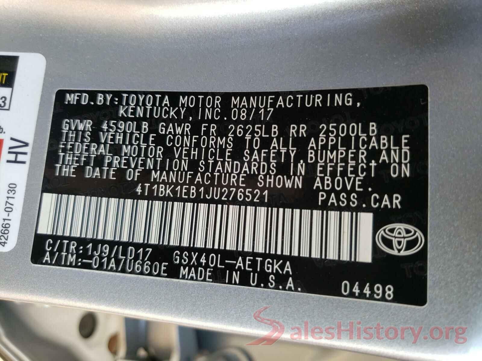 4T1BK1EB1JU276521 2018 TOYOTA AVALON