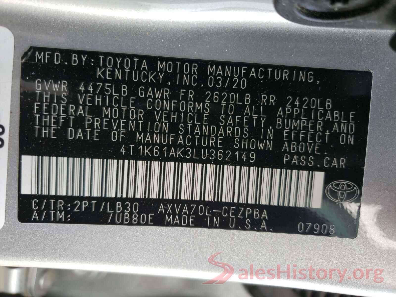 4T1K61AK3LU362149 2020 TOYOTA CAMRY