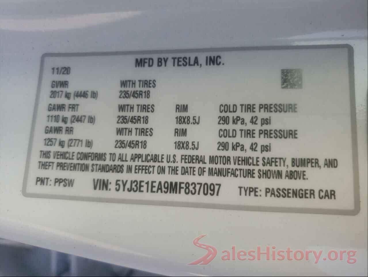 5YJ3E1EA9MF837097 2021 TESLA MODEL 3