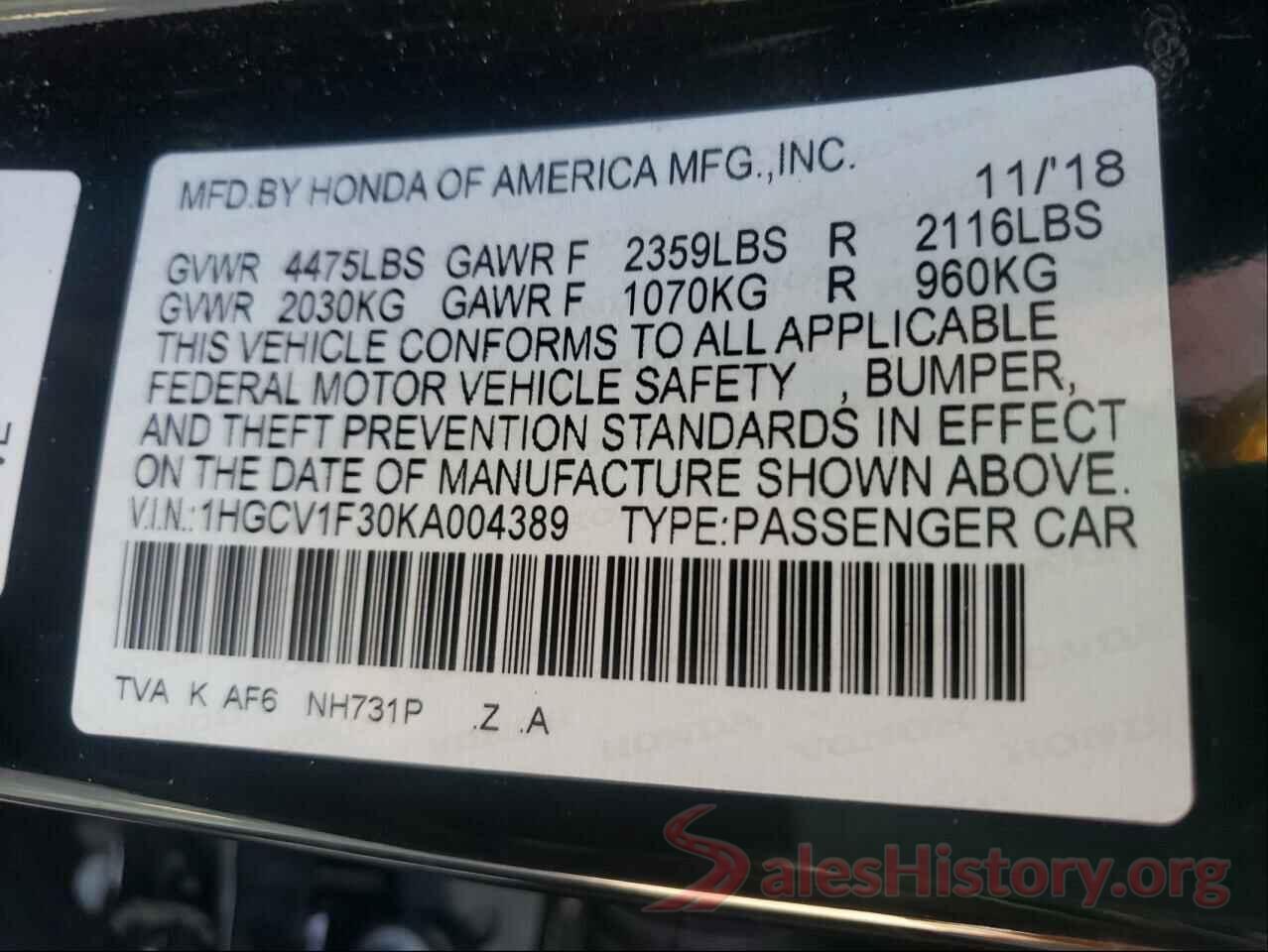 1HGCV1F30KA004389 2019 HONDA ACCORD