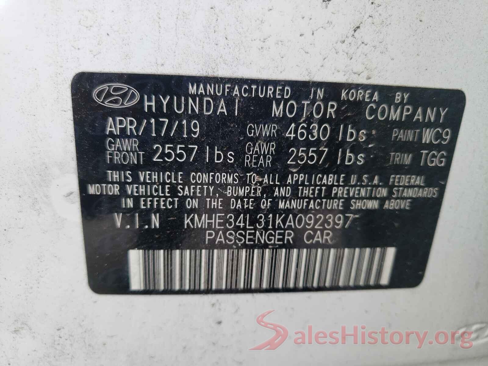 KMHE34L31KA092397 2019 HYUNDAI SONATA