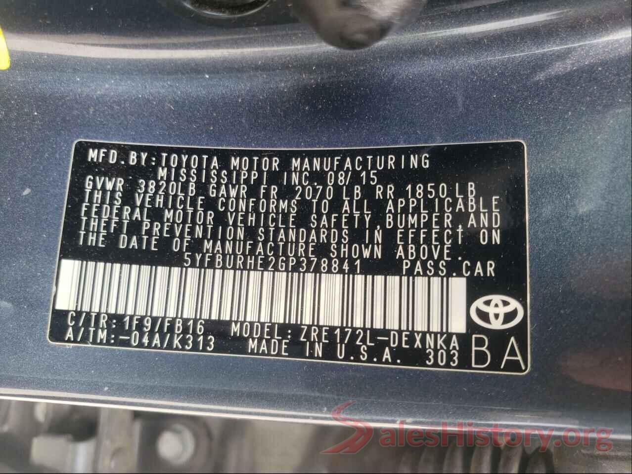 5YFBURHE2GP378841 2016 TOYOTA COROLLA