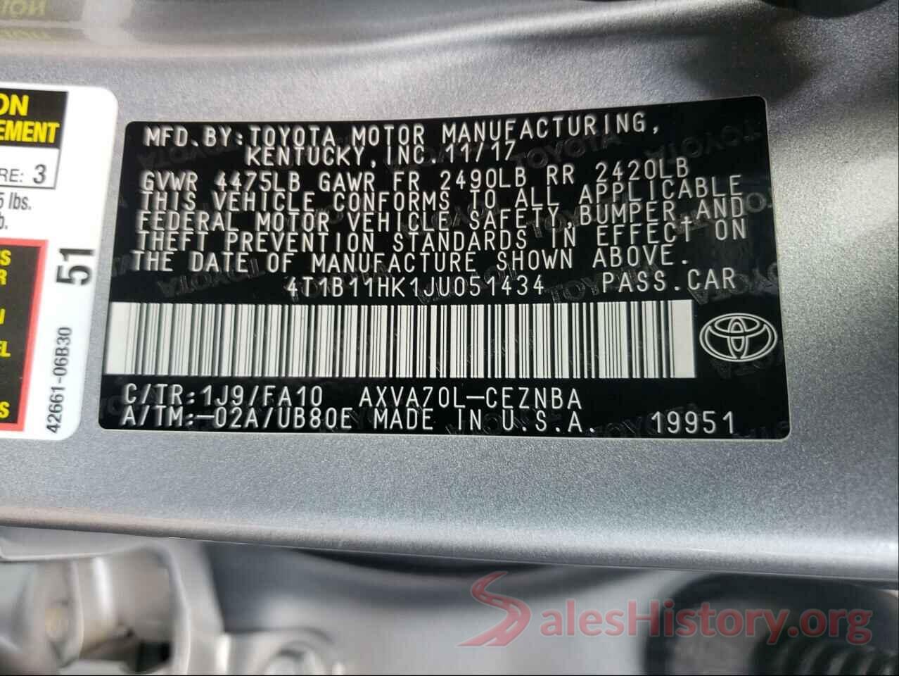 4T1B11HK1JU051434 2018 TOYOTA CAMRY