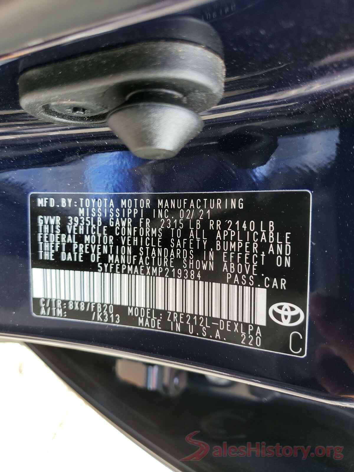 5YFEPMAEXMP219384 2021 TOYOTA COROLLA