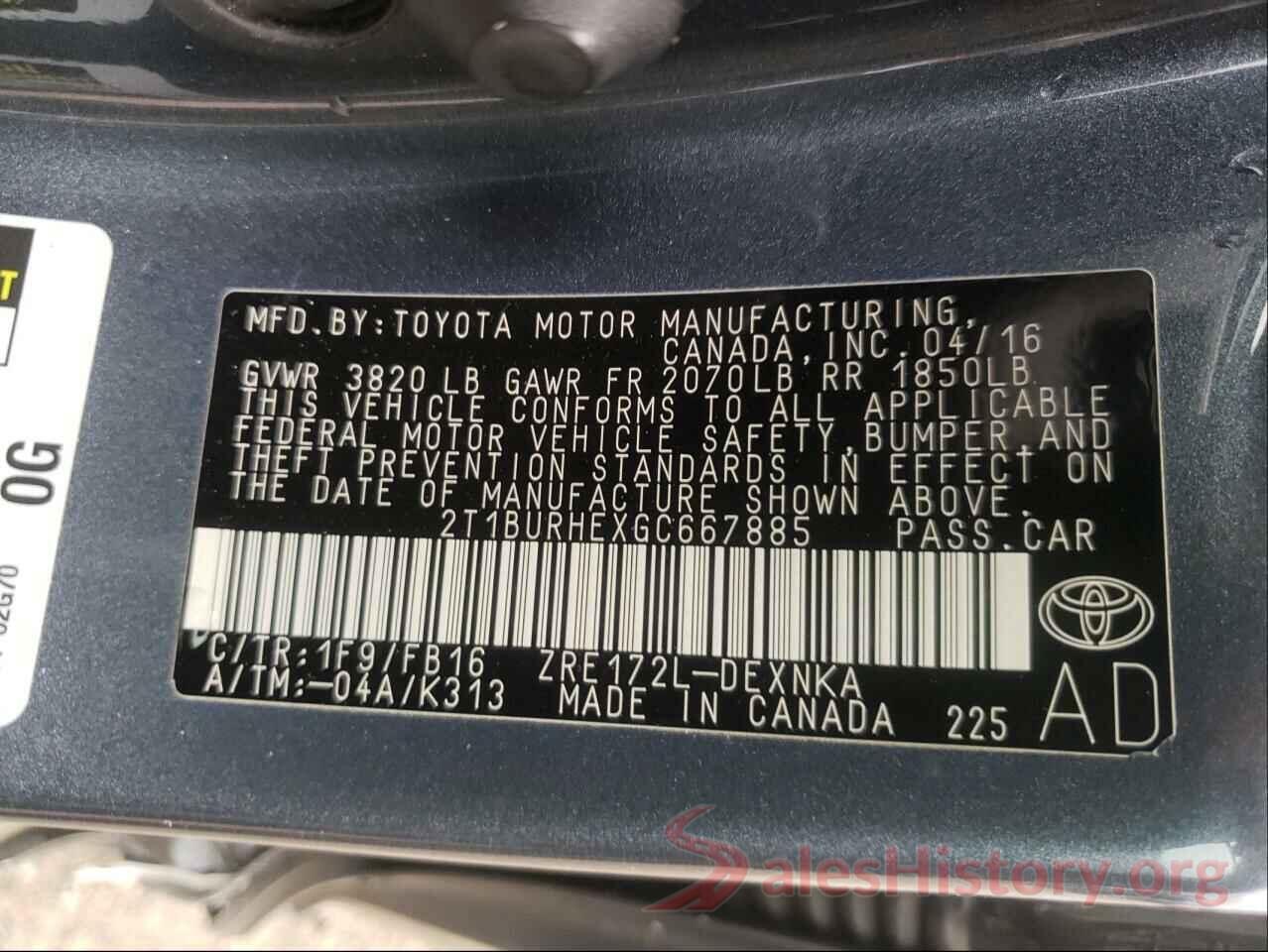 2T1BURHEXGC667885 2016 TOYOTA COROLLA