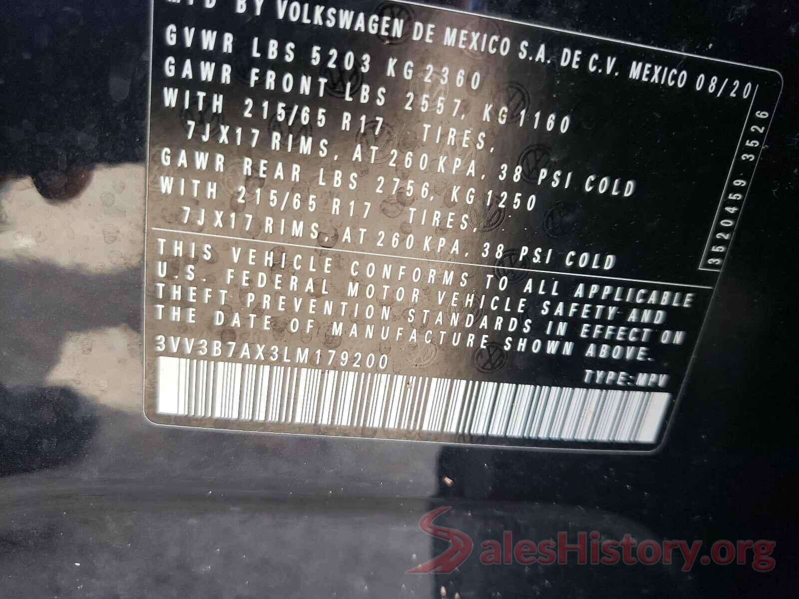 3VV3B7AX3LM179200 2020 VOLKSWAGEN TIGUAN