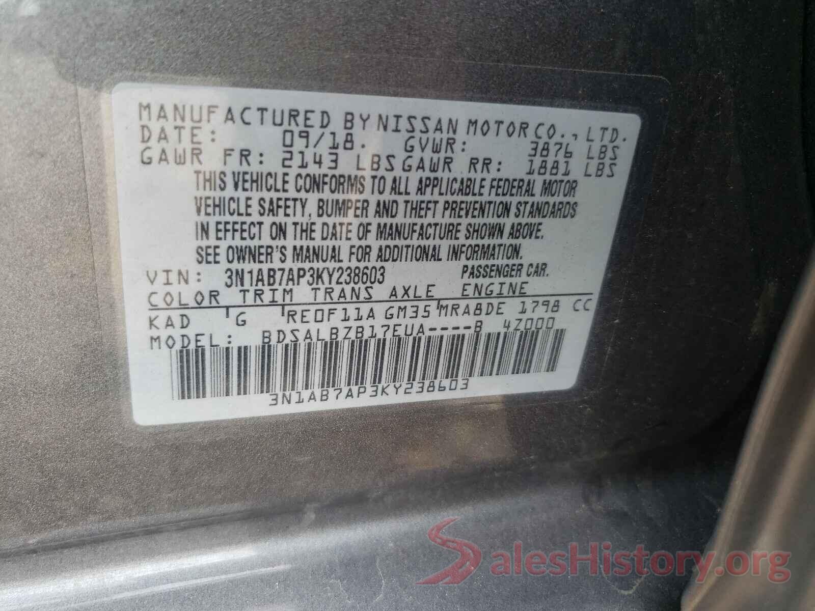 3N1AB7AP3KY238603 2019 NISSAN SENTRA