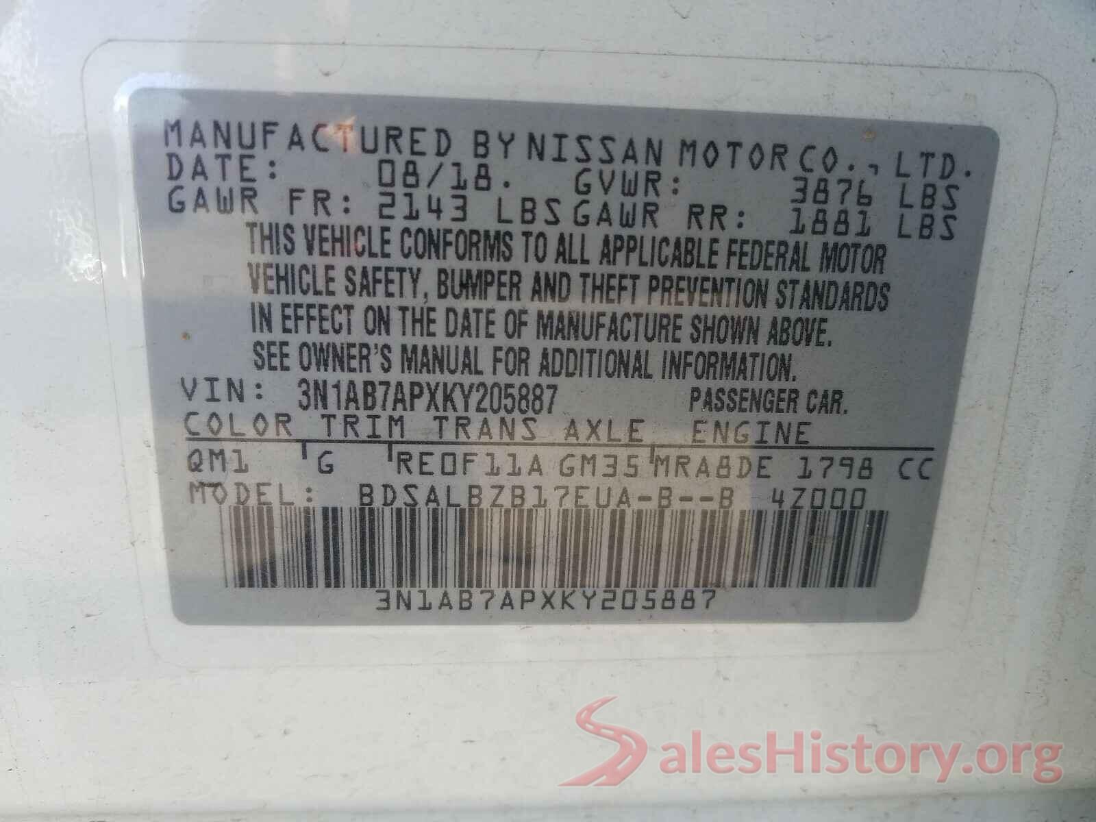 3N1AB7APXKY205887 2019 NISSAN SENTRA